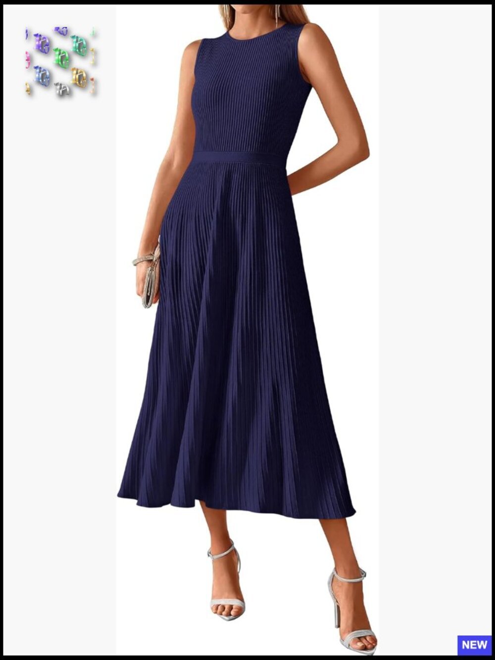 Crewneck Sleeveless Pleated A Line Midi Dress Business Casual Wedding Guest